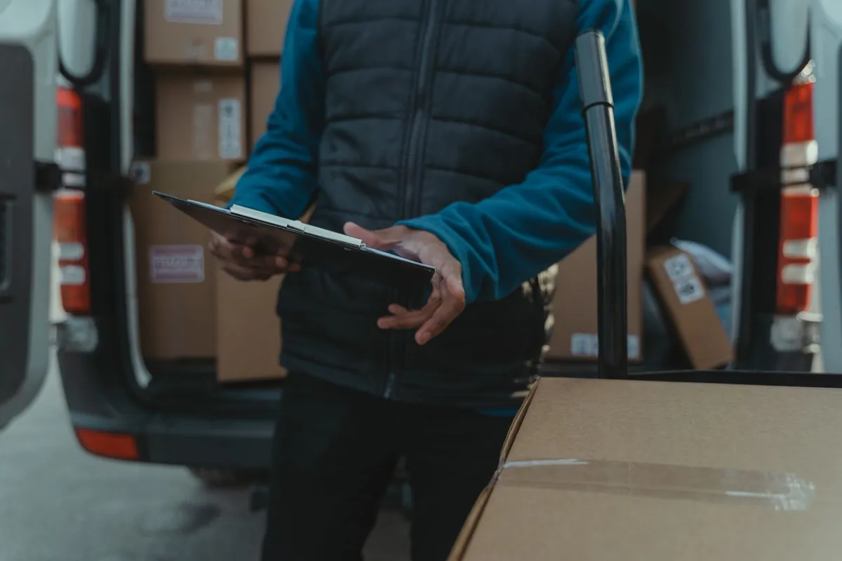 A delivery worker holds a clipboard while standing at the open back doors of a van loaded with cardboard boxes